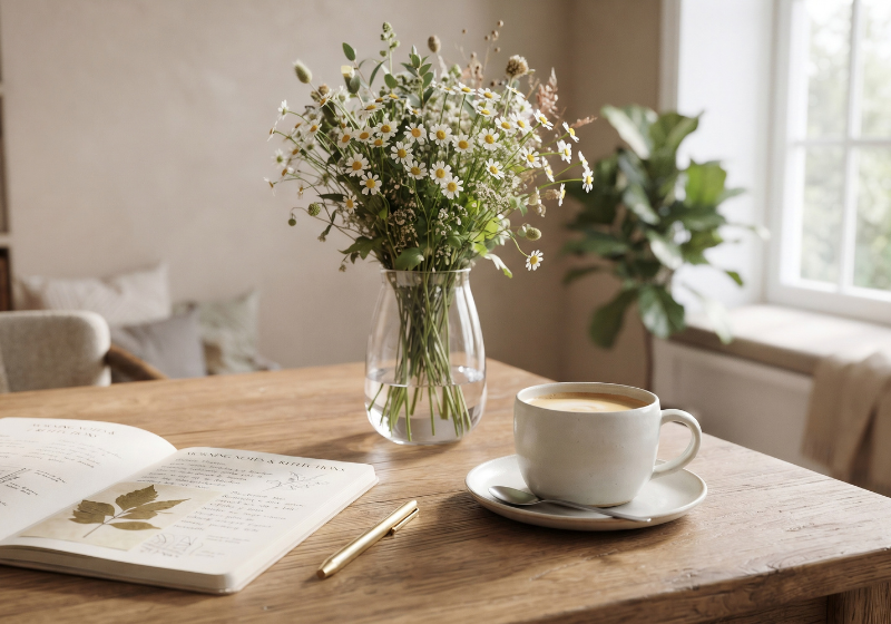 blumenstrauß, notizbuch mit trockenblume und kaffeetasse auf tisch